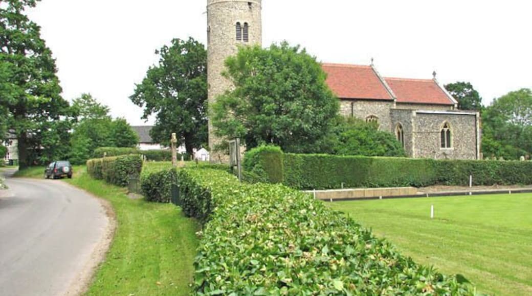 St Mary's church viewed from Burston Road. St Mary's church > 1366828 - 1366845 has a round tower which dates from the 10th or 11th century, with the two light windows with characteristic zig-zag carving were added in Norman times. Both south and north doorways > 1366822 have Norman zig-zag decorations also, as has the tower arch > 1367242. It is believed that the nave dates at least in part from Saxon times. The south chapel was added in the 13th century. The 14th century north chapel > 1366835 used to be the chapel of the Kemp family, lords of the manor from 1324 until the early 20th century - the many memorials on its walls are to family members > 1366838. The north porch is a C15 addition. St Mary's has a magnificent 15th century hammerbeam roof with rows of angels attached to it. The octagonal font > 748803 is 14th century. The church was extensively restored in Victorian times and the furnishings date from this time, although some of the original bench ends have been retained. St Mary's church is open every day.