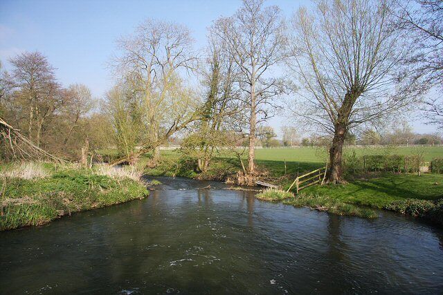 A calm river with trees and grassy banks.