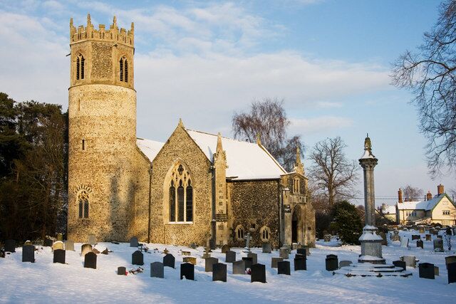 St Mary's parish church, Rickinghall Inferior, Suffolk, seen from the southwest in snow