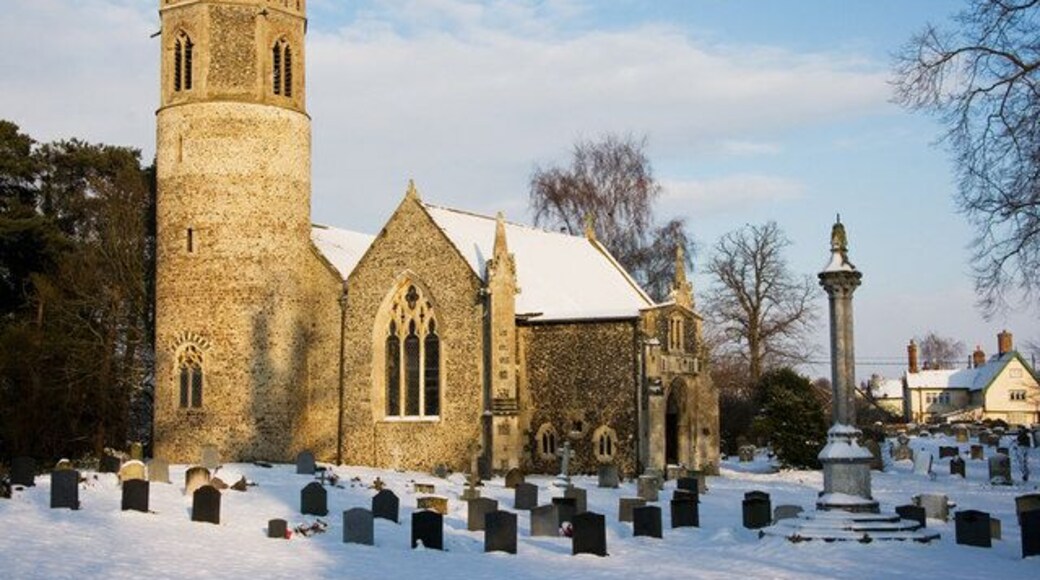 St Mary's parish church, Rickinghall Inferior, Suffolk, seen from the southwest in snow