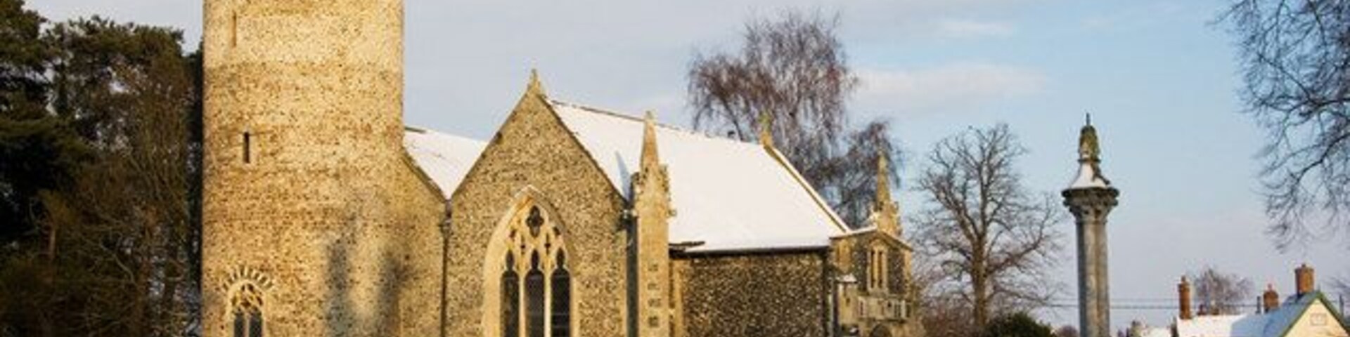 St Mary's parish church, Rickinghall Inferior, Suffolk, seen from the southwest in snow