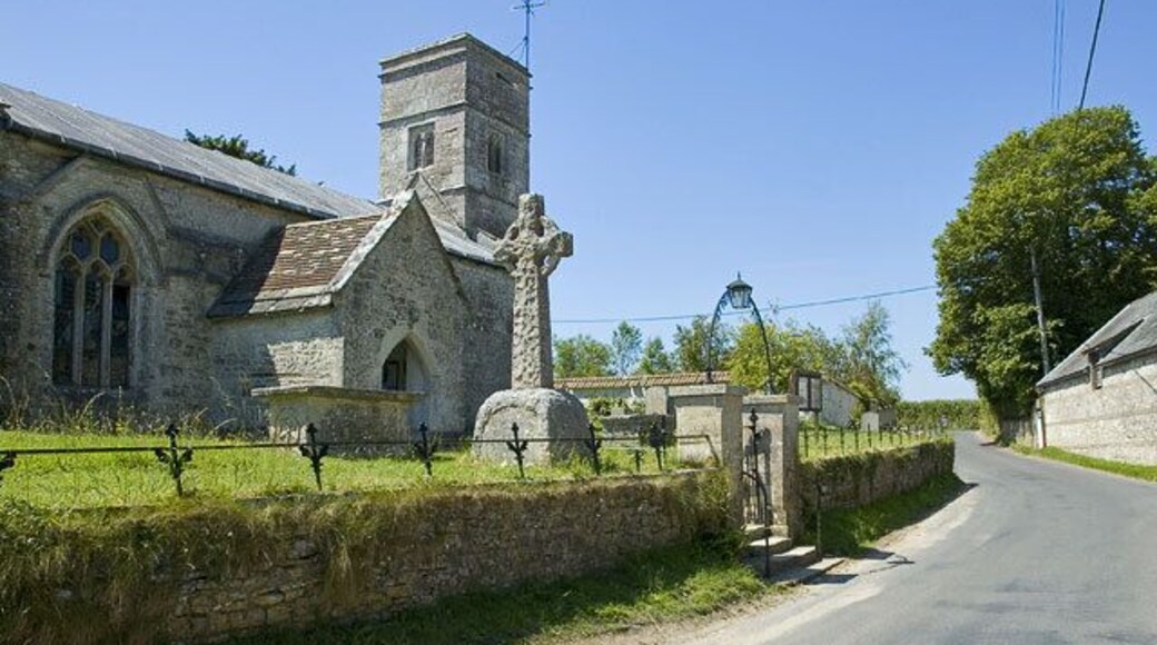 West Knighton Church. Road heading through West Knighton and on down to Broadmayne.