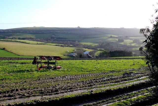 Medway Farm The farm is in a deep valley NE of Askerswell. This is the view from the spyway road above it.