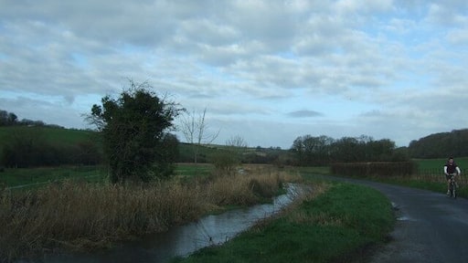 Sydling Valley with river alongside the road A lovely unspoilt valley teeming with wild life, although only a cyclist in view