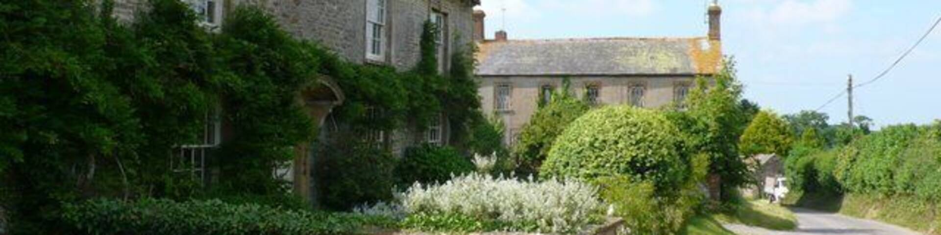 A quaint stone house with a thatched roof, surrounded by lush greenery and a narrow road.