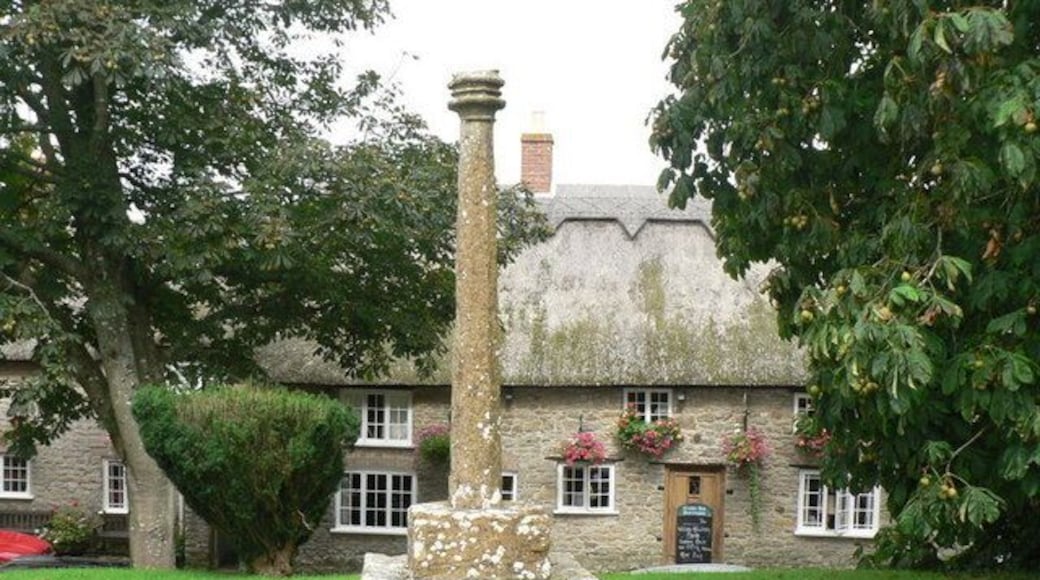 Puncknowle: the cross The cross is in the churchyard; the 935117 is visible across the road below.