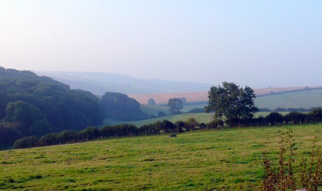 Pond Bottom and Shearplace Hill Looking SW towards Huish barn from the slopes of Large Bar Hill