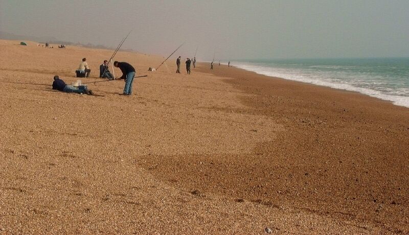 West Bexington Beach Chesil Beach: Fishermen cast from the beach