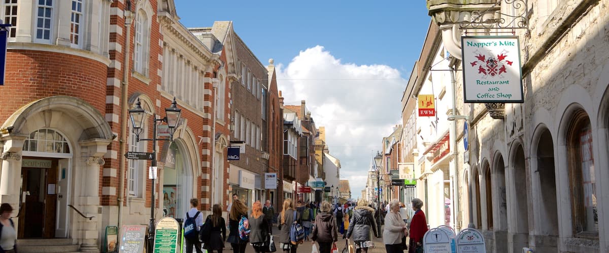 A bustling street with historic buildings, a clock tower, and various shops and cafes.