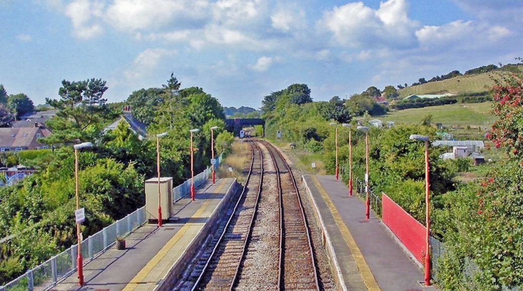Maiden Newton station. View NW, towards Yeovil, Westbury etc., also formerly Bridport: ex-GWR (London, Reading, Swindon etc.) - Westbury - Yeovil (Pen Mill) - Dorchester - Weymouth main line. Formerly this was the junction for Bridport, closed 5/5/75 after earlier 3/12/62 closure of the line to Bridport West Bay
