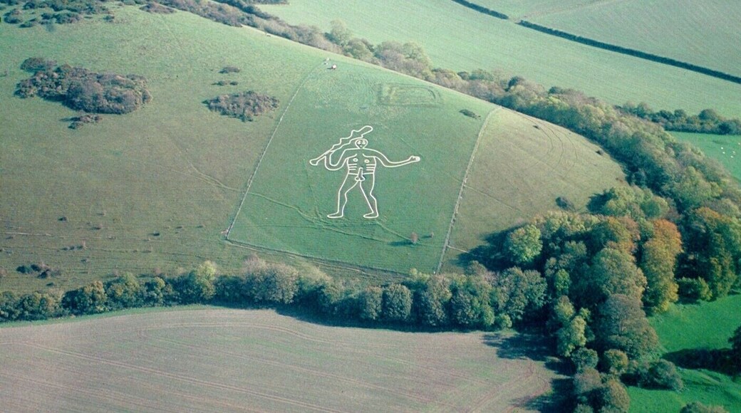 An aerial photograph of the Cerne Abbas Giant taken from a Cessna 150 aircraft using a Nikon F70, AF Nikkor 35-80mm on Fujichrome Velvia stock.