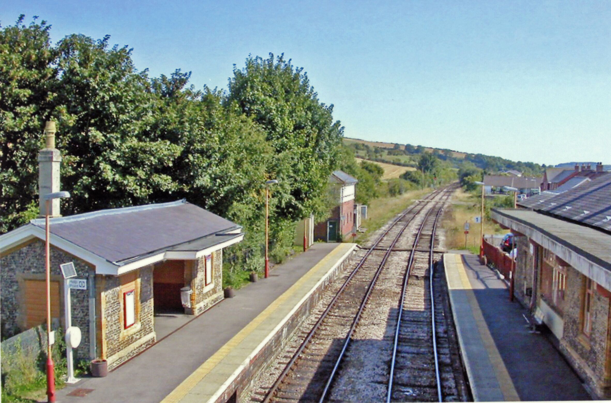 Maiden Newton station. View SE, down the line towards Dorchester and Weymouth: ex-GWR (London, Reading, Swindon etc.) - Westbury - Weymouth main line.