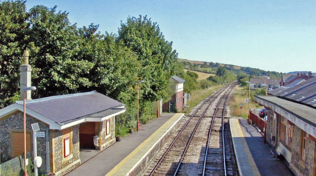 Maiden Newton station. View SE, down the line towards Dorchester and Weymouth: ex-GWR (London, Reading, Swindon etc.) - Westbury - Weymouth main line.