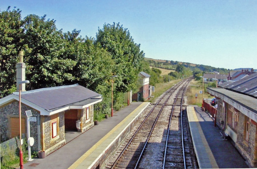 Maiden Newton station. View SE, down the line towards Dorchester and Weymouth: ex-GWR (London, Reading, Swindon etc.) - Westbury - Weymouth main line.