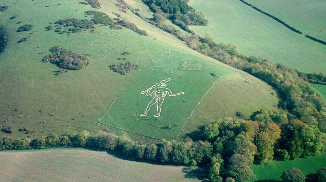 An aerial photograph of the Cerne Abbas Giant taken from a Cessna 150 aircraft using a Nikon F70, AF Nikkor 35-80mm on Fujichrome Velvia stock.