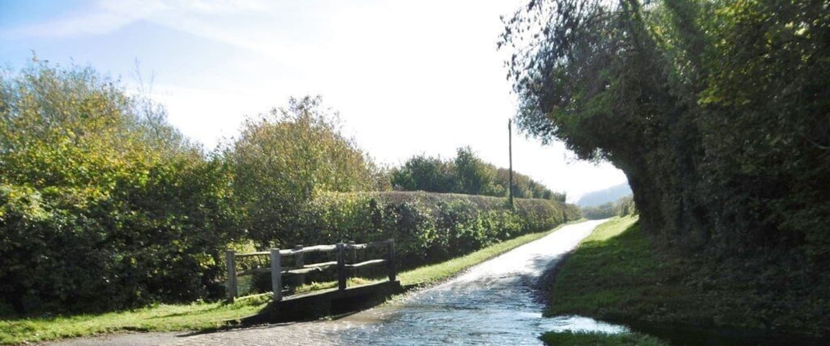 A narrow rural road with a wooden bridge, surrounded by lush greenery and a clear sky.
