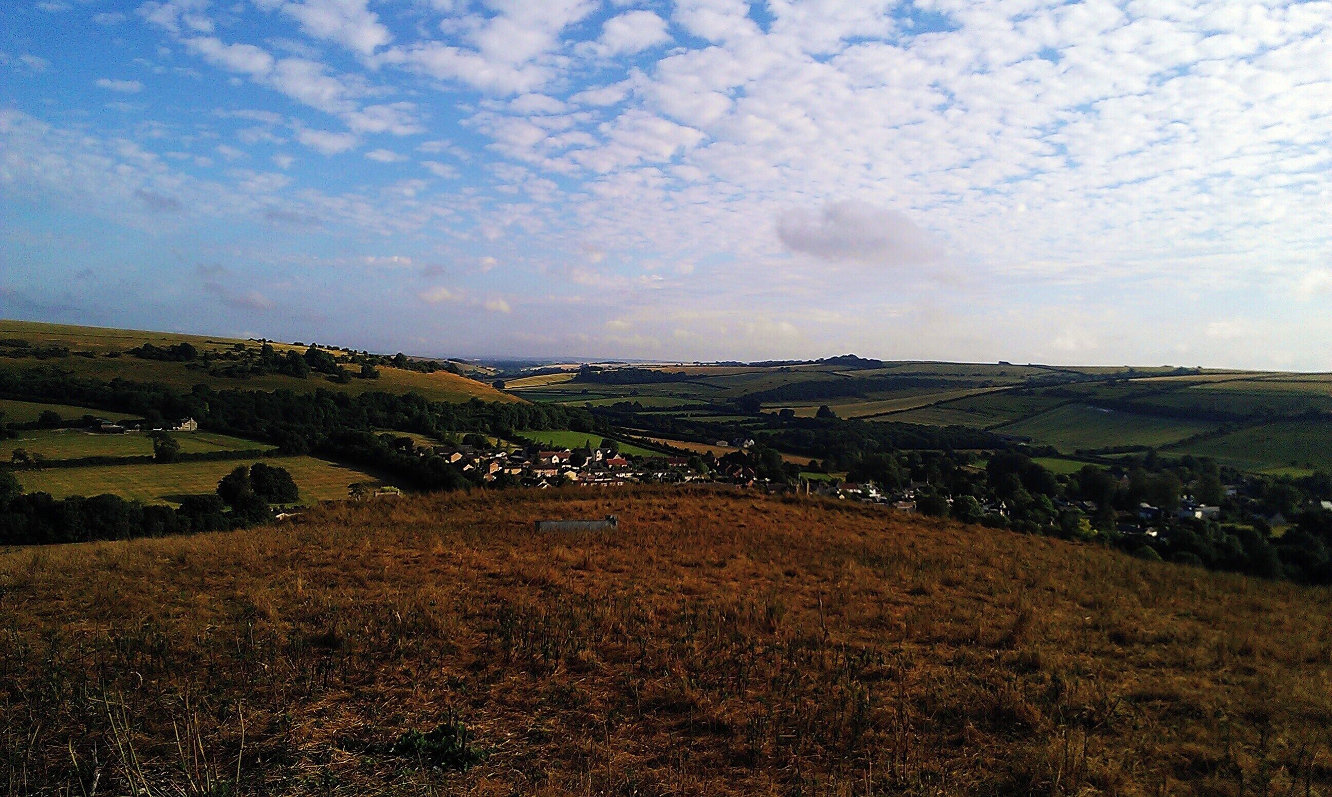 Earthwork known as "The Trendle" atop the Cerne Abbas Giant hill, overlooking Cerne Abbas village in Dorset, South-West England.