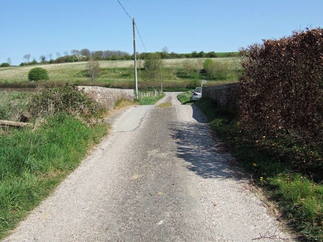 Uma estreita estrada rural ladeada por muros de pedra e sebes, serpenteando por uma paisagem verde com colinas ondulantes ao longe.