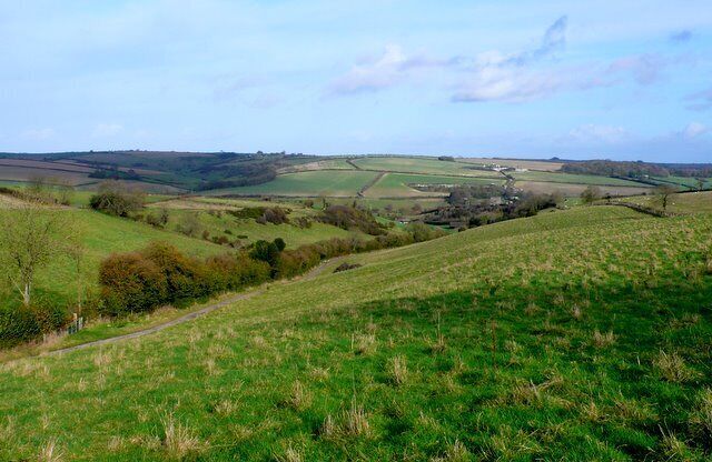 Notton Bottom View north east down Notton Bottom from the very south west corner of the grid square with in a few metres of the two grid lines. Close to this point a bridle path and track enters the square running from Notton Hill Barn (in SY5994) at the top of the Bottom to Notton Farm at the bottom of the Bottom.