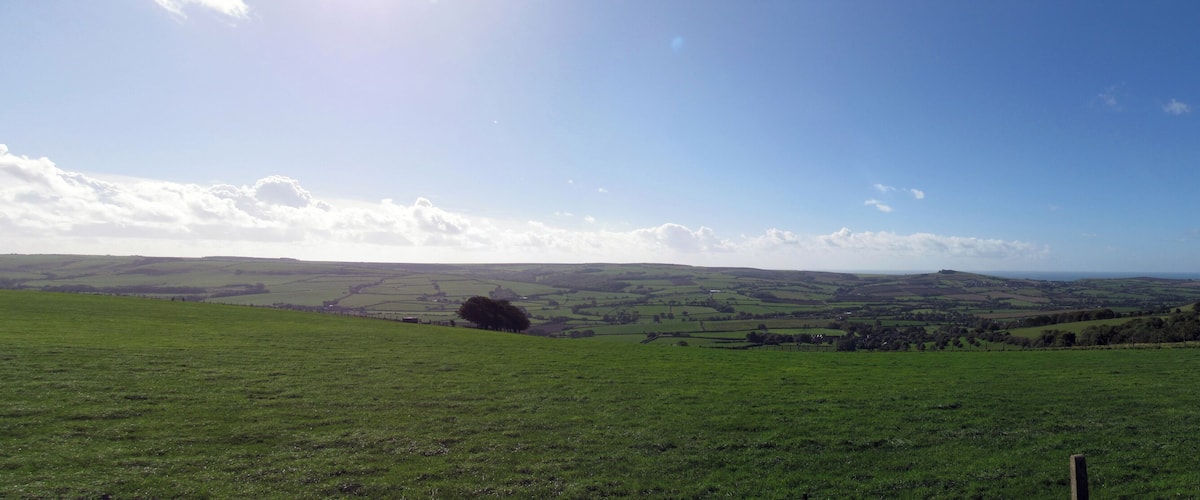 A green field with rolling hills and a clear blue sky.