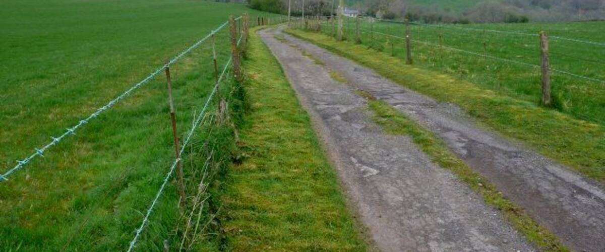 A rural road bordered by green fields and a wire fence.