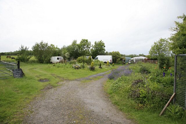 A rural road leading to farm buildings, surrounded by greenery and fences.