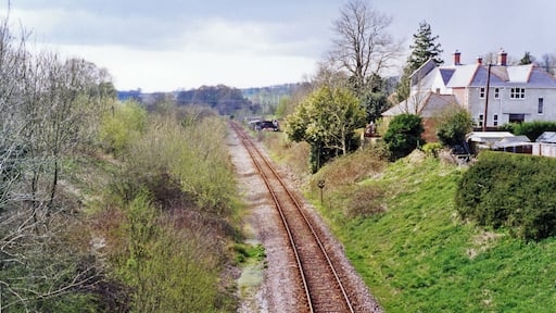 Site of Evershot station, 1995. View southward, towards Dorchester and Weymouth: ex-GWR (London, Bristol etc.) - Westbury - Yeovil - Dorchester - Weymouth main line. The station was closed 3/10/66 and the line singled about that time. This was the summit of a stiff climb in both directions.