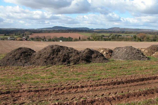 Muck bury, near Boreley House. A muck bury is rotting down ready for spreading on the fields. In this view west from near Boreley House the hills at Abberley a prominent in the distance.