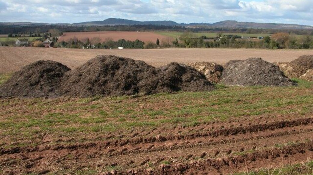 Muck bury, near Boreley House. A muck bury is rotting down ready for spreading on the fields. In this view west from near Boreley House the hills at Abberley a prominent in the distance.