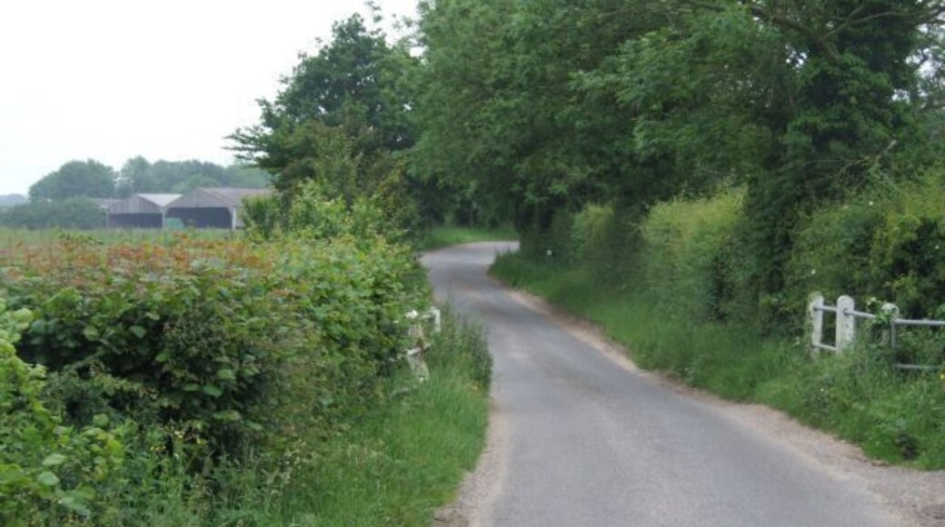 Westfield Lane crosses the River Tud The large buildings in the distance belong to Greenwood Farm, Westfield.