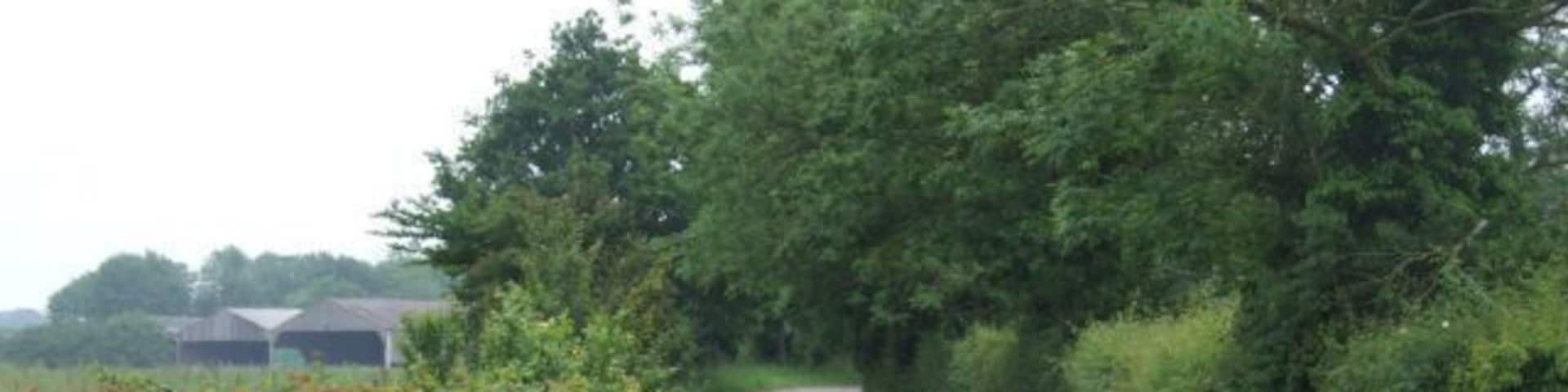 Westfield Lane crosses the River Tud The large buildings in the distance belong to Greenwood Farm, Westfield.