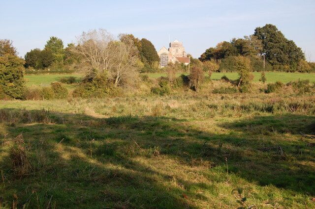 Water meadows, Damerham, Hampshire In the distance, St. George's Church.