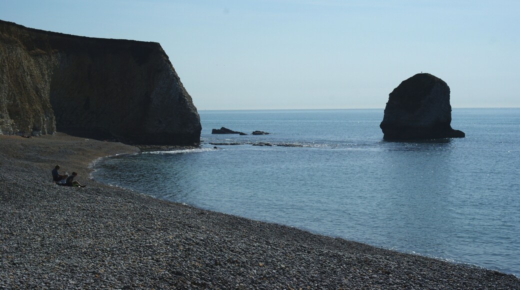View Towards Stag Rock, Isle of Wight Looking across Freshwater bay, towards Stag Rock, and the base of Arched Rock (collapsed in 1992). Timed at 12.00, which indicates that afternoon is the time to visit, for direct sunlight on the western face of the sea stack.