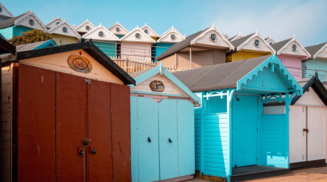 Row of Closed Beach Huts, Walton Pier, Walton-on-the-Naze, Essex, England