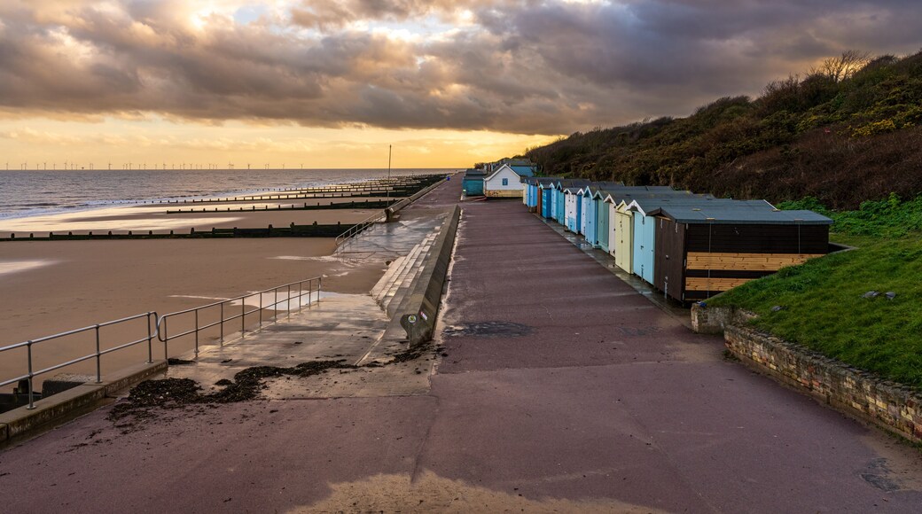Beach huts on the North Sea coast at Frinton-on-Sea, Essex, England