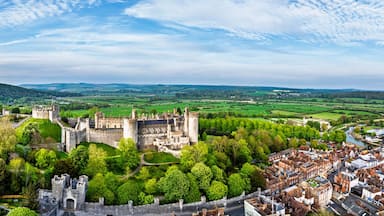 Um castelo histórico rodeado por vegetação exuberante e uma pequena cidade.