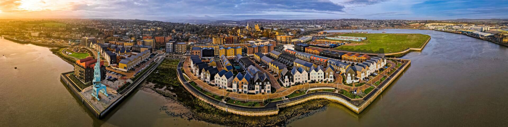 Aerial view of new commuters blocks in Rochester, a town in the unitary authority of Medway in Kent, England