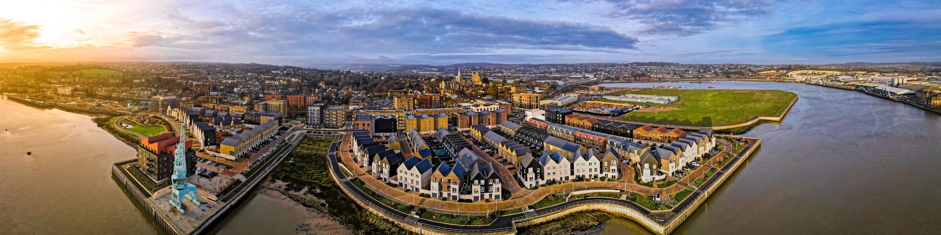 Aerial view of new commuters blocks in Rochester, a town in the unitary authority of Medway in Kent, England