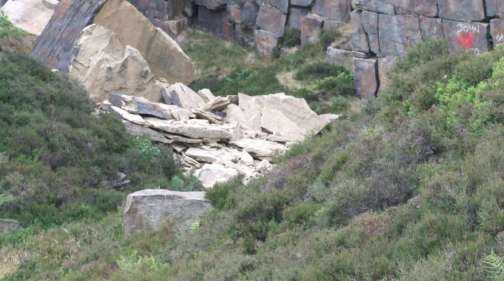 Tintwistle to the north of Longdendale, where the Pennines rise again to over 400m. Tintwistle was traditionally in Cheshire, but is now in Derbyshire. Small quarry showing millstone grit