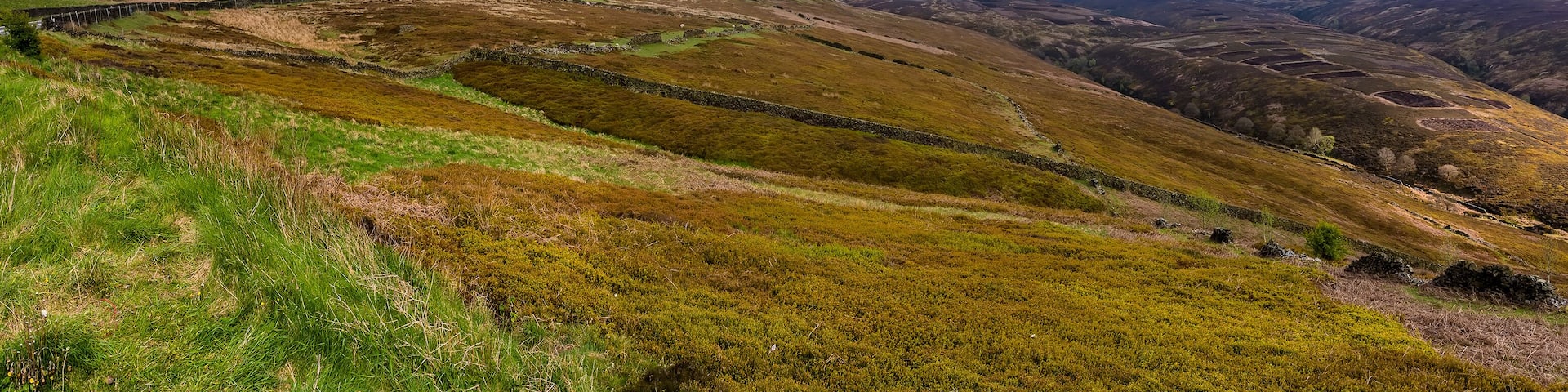 A panorama of the Snake Pass in the Dark Peak in Derbyshire, UK
