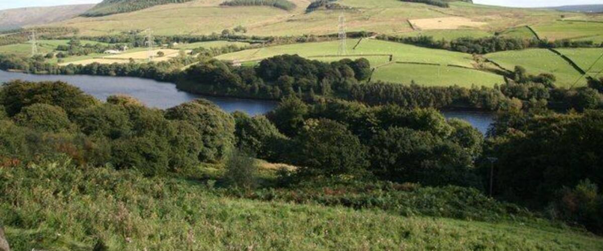 View to Peaknaze Moor View from Woodhead Pass above Tintwistle across Longdendale towards Peaknaze Moor, with Valehouse Reservoir below