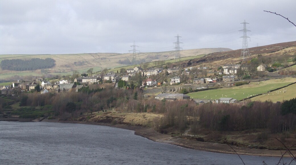 Longdendale in Derbyshire is the valley of the River Etherow. The Longdendale Chain is a series orf reservoirs built to provide drinking water forManchester Tintwistle over the Bottoms resevoir, with Lees Hill in the distance. Camera location 53° 28′ 01.92″ N, 1° 57′ 20.52″ W View this and other nearby images on: OpenStreetMap - Google Earth 53.467200; -1.955700