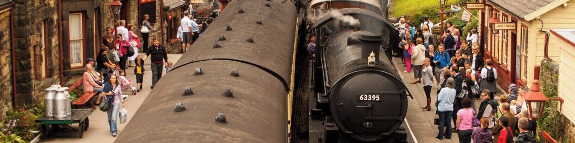 Busy time at Goathland station with two steam trains