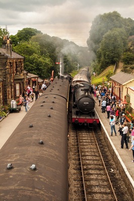 Busy time at Goathland station with two steam trains