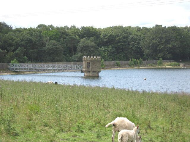 Reservoir valve tower With the dam behind in Crookfoot Reservoir, owned by Hartlepool Water Company