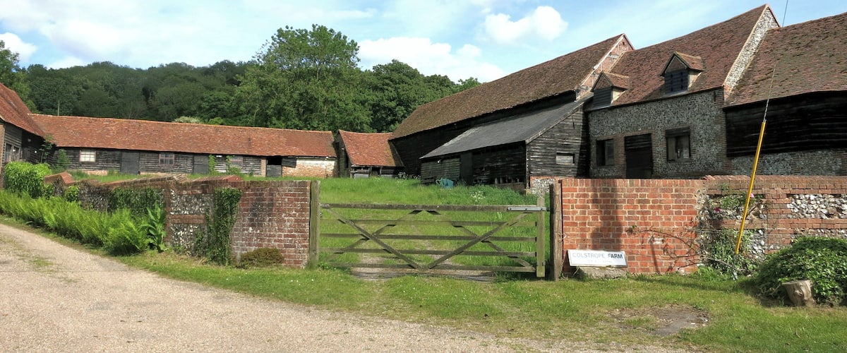 A rural farm with multiple barns and a gravel road.