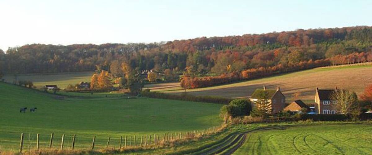 Bix Bottom The dry valley below Bix and above the Assendons. The cottages are on the bend in the road midway between Valley Farm and Little Bixbottom Farm. This is a view from the public footpath that crosses the ridge into the Assendon valley.
