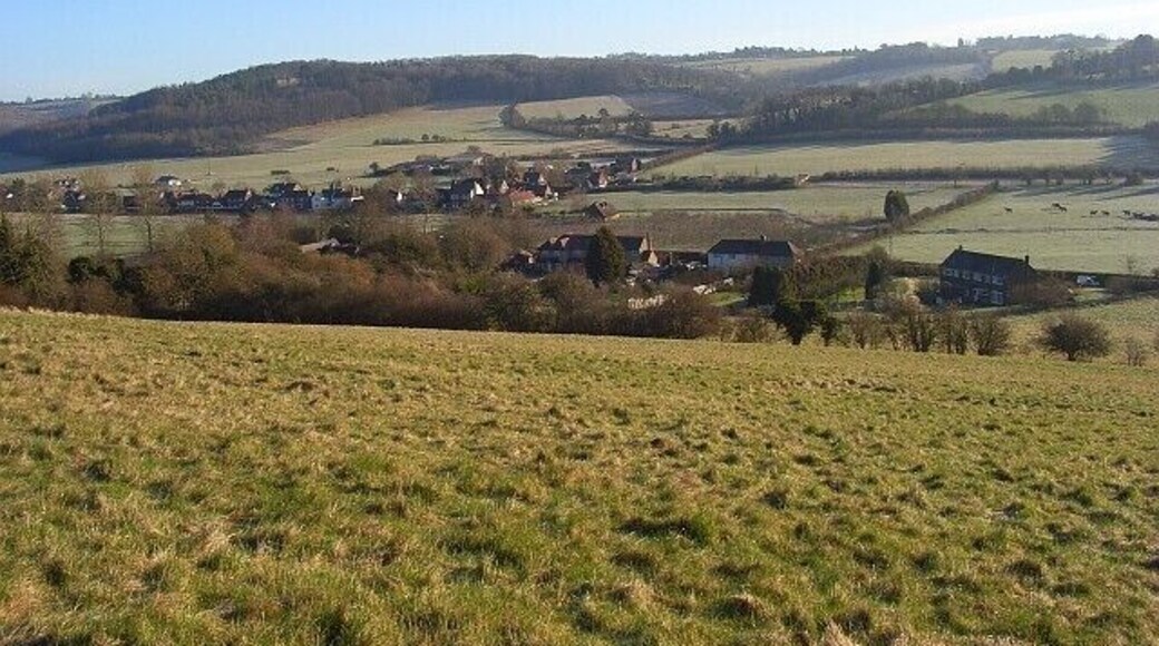 The Hambleden Valley, Skirmett A view across the village, the southern part of which is in this grid-square. Adam's and Goddard's Woods are beyond.