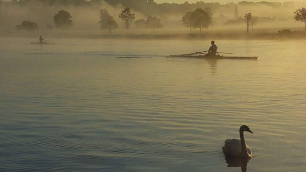 A calm lake with a person rowing a boat in the distance, surrounded by mist and trees.