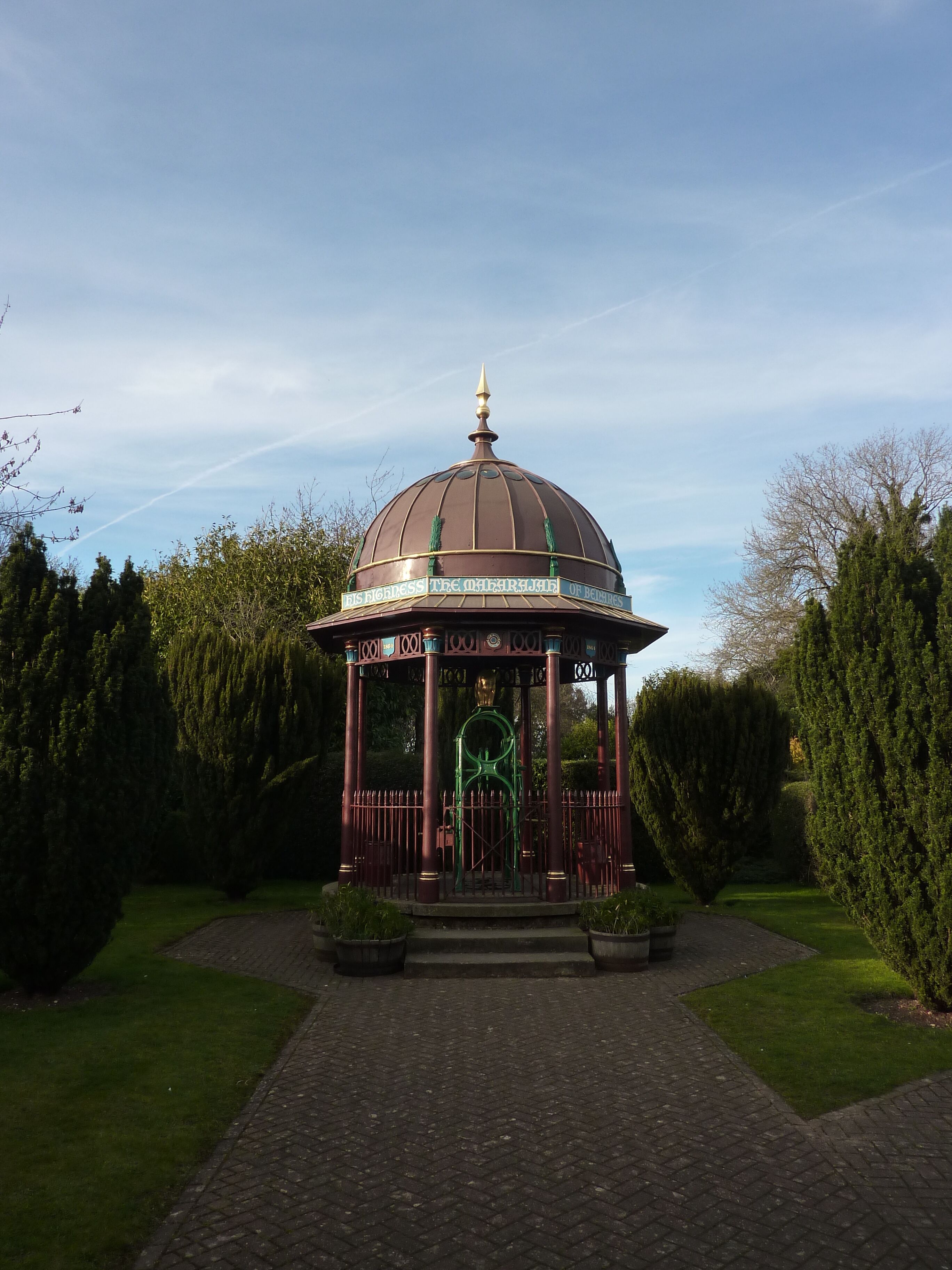 A gazebo with a dome roof and a sign reading "DISGRACED THE ORIENTAL OF DEATHS".
